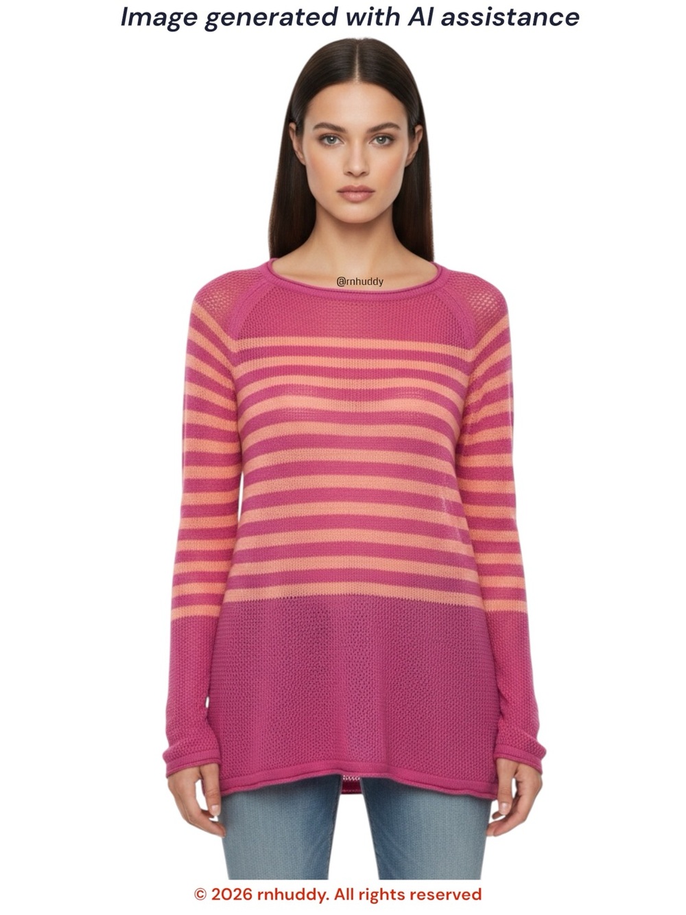 525 America M pink/orange striped crochet net trim sweater